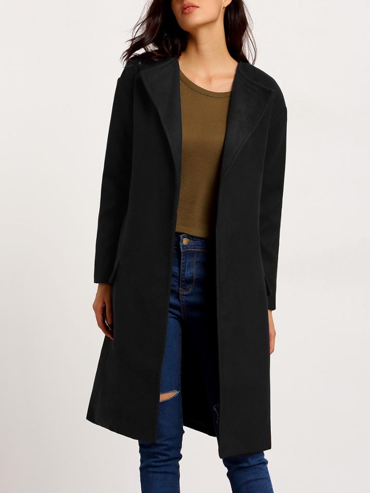 Romwe Black Long Sleeve Pockets Loose Coat