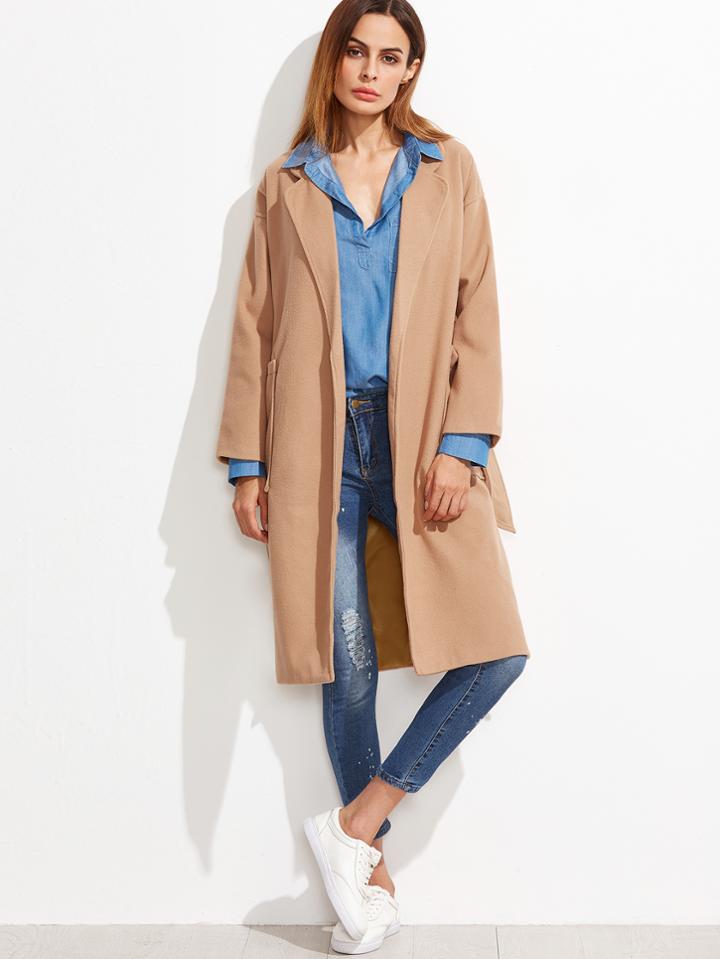 Romwe Khaki Dual Pocket High Split Side Belted Coat