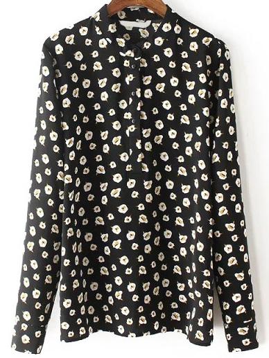 Romwe Stand Collar Flower Print Blouse