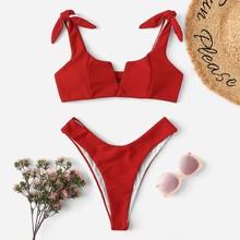 Romwe Ribbed Self Tie Top With High Leg Bikini