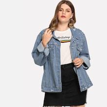 Romwe Plus Pearls & Beaded Ripped Denim Jacket