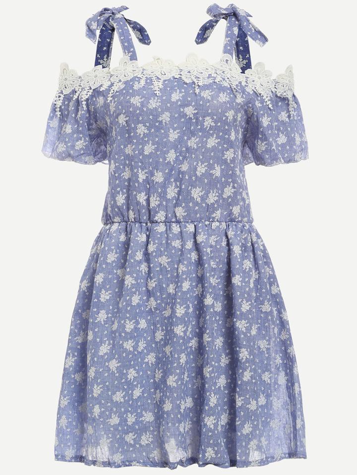 Romwe Blue Flower Print Tied Cold Shoulder Dress