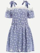 Romwe Blue Flower Print Tied Cold Shoulder Dress