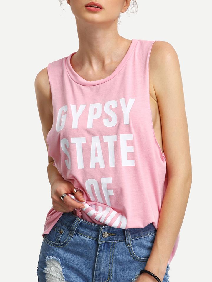 Romwe Letters Print Fringe Split Tank Top