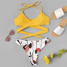 Romwe Wrap Halter Top With Random Floral Bikini Set