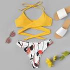 Romwe Wrap Halter Top With Random Floral Bikini Set