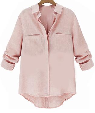 Romwe Lapel Pockets Dipped Hem Pink Blouse