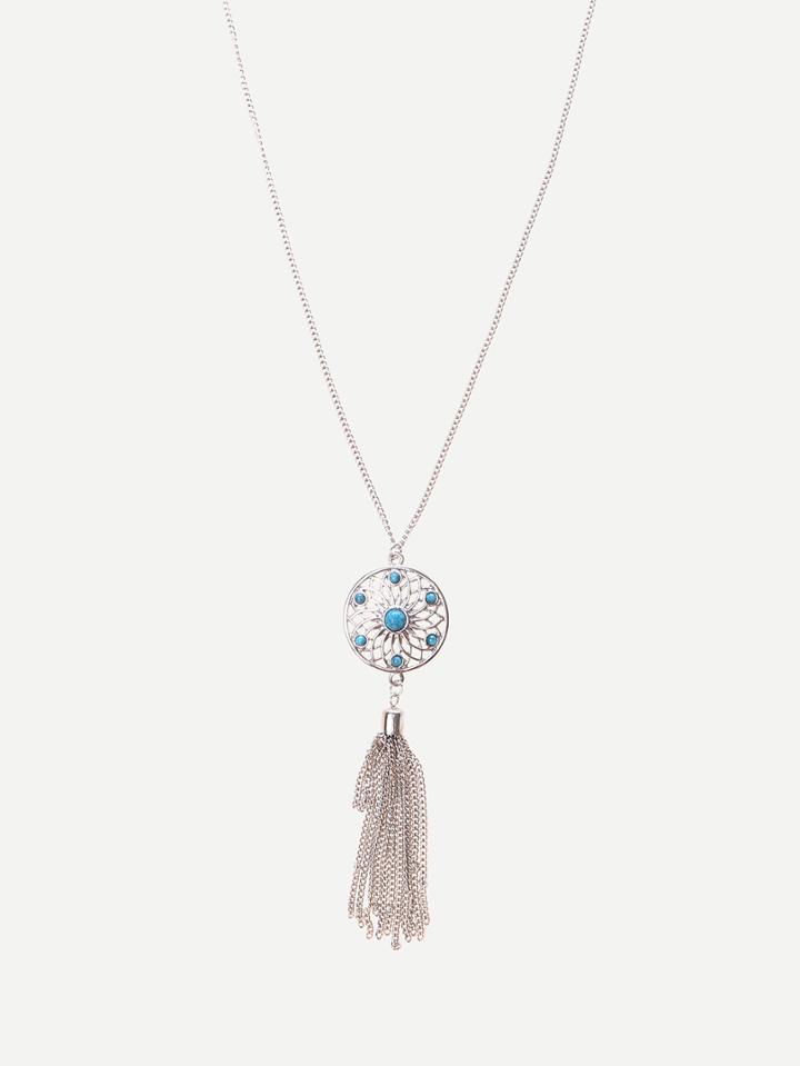 Romwe Silver Tassel Pendant Chain Necklace