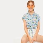 Romwe Tropical Button Through Knot Hem Crop Shirt