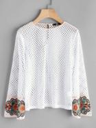 Romwe Embroidered Flower Applique Fluted Sleeve Eyelet Top