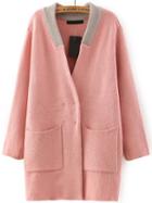 Romwe Contrast Collar With Pockets Pink Cardigan