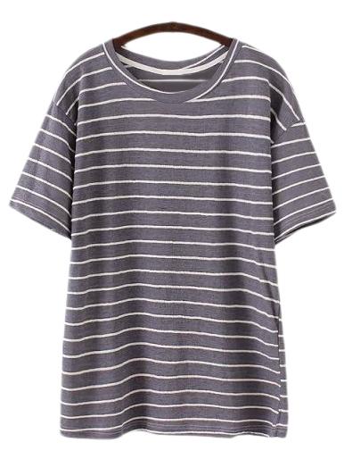 Romwe Navy Short Sleeve Round Neck Stripe T-shirt