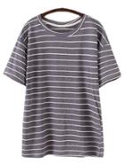 Romwe Navy Short Sleeve Round Neck Stripe T-shirt