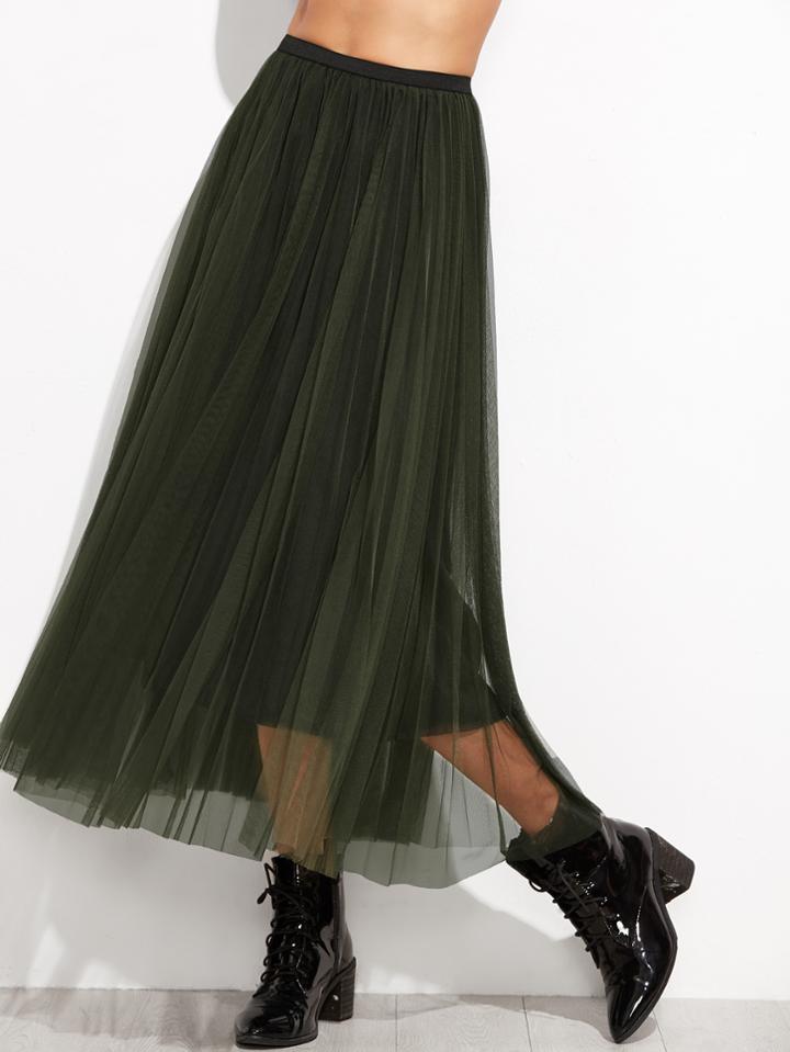 Romwe Dark Green Mesh Overlay Elastic Waist Skirt