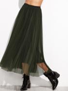 Romwe Dark Green Mesh Overlay Elastic Waist Skirt