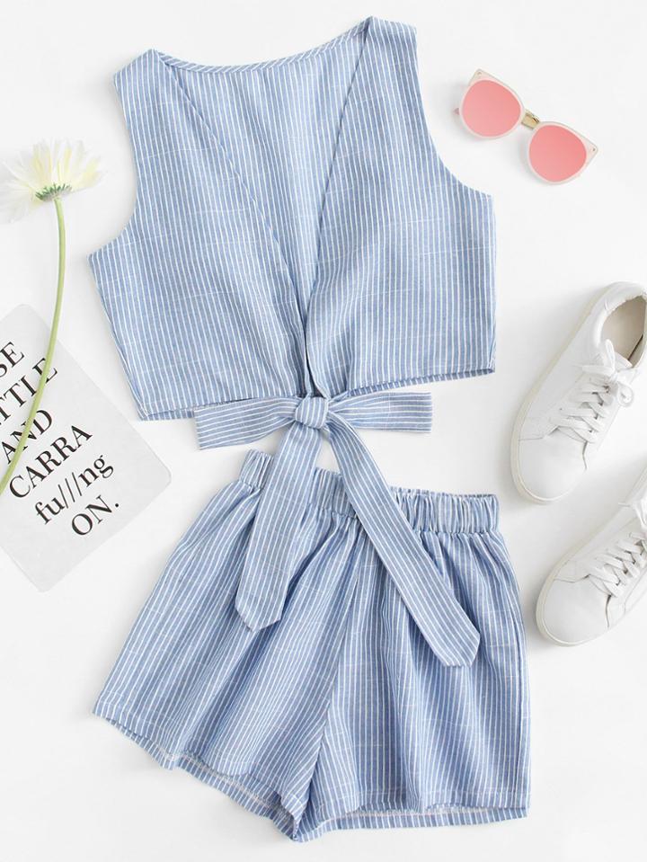 Romwe Vertical-striped Knotted Top With Shorts