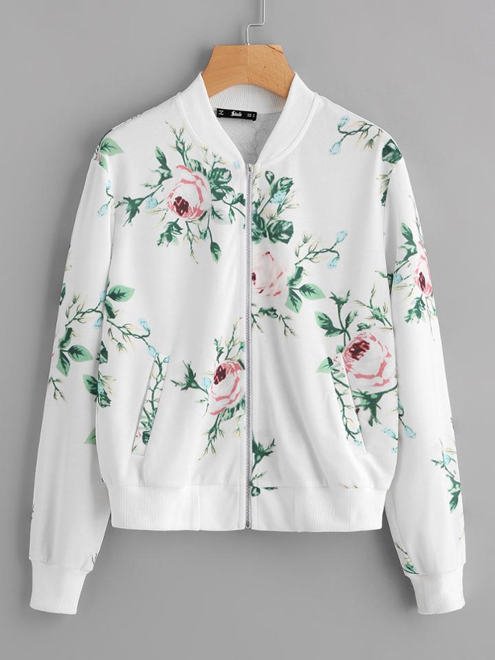 Romwe Botanical Print Pocket Bomber Jacket