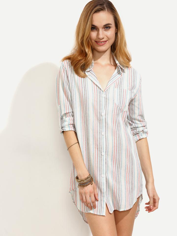 Romwe Multi Stripe Cuffed Sleeve Dip Hem Shirt Dress