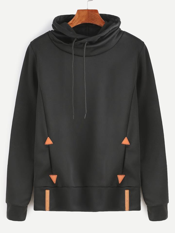 Romwe Black Patch Detail Drawstring Hooded Sweatshirt