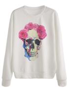 Romwe White Skull Flower Print Sweatshirt
