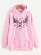 Romwe Pink Wing Print Drop Shoulder Drawstring Hooded Pocket Sweatshirt