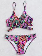 Romwe Multicolor Geometric Print Cutout Bikini Set