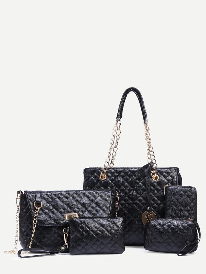 Romwe Black Faux Leather 5pcs Quilted Bag Set