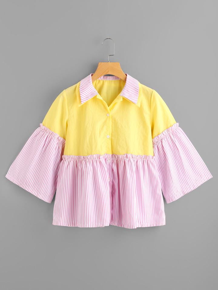 Romwe Double Collar Contrast Striped Shirt
