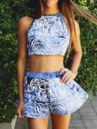 Romwe Halter Crop Top With Elephant Print Blue Shorts