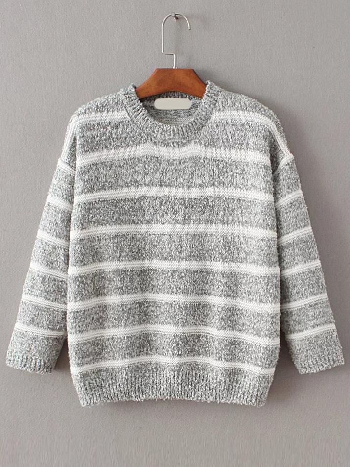 Romwe Grey Contrast Striped Crew Neck Sweater