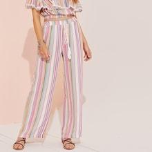 Romwe Striped Drawstring Waist Wide Leg Pants