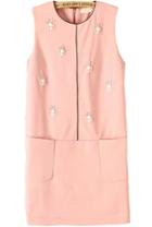 Romwe Sleeveless With Bead Pockets Straight Pink Dress
