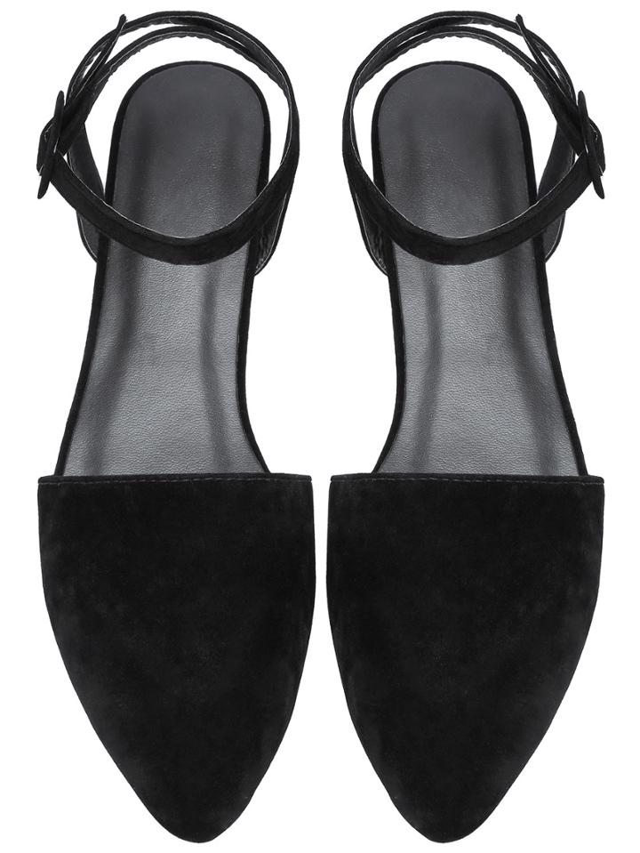 Romwe Black Point Toe Ankle Strap Suede Flats