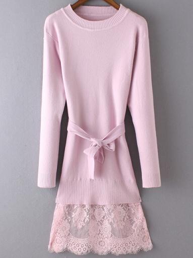 Romwe Lace Insert Pink Jersey Dress With Belt