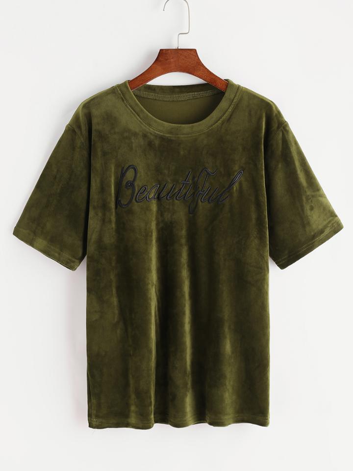 Romwe Green Letter Embroidered Velvet T-shirt