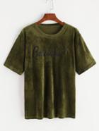 Romwe Green Letter Embroidered Velvet T-shirt
