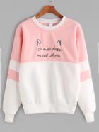Romwe Pink Contrast Cartoon Embroidery Sweatshirt