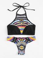 Romwe Geometric Pattern High Neck Bikini Set