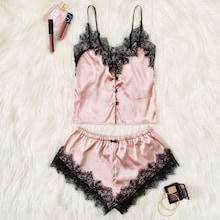 Romwe Button Front Contrast Lace Satin Cami Pj Set