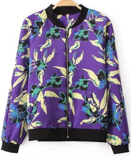 Romwe Floral Print Purple Jacket