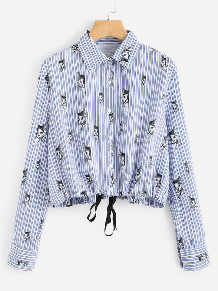 Romwe Cat Random Print Drawstring Hem Shirt