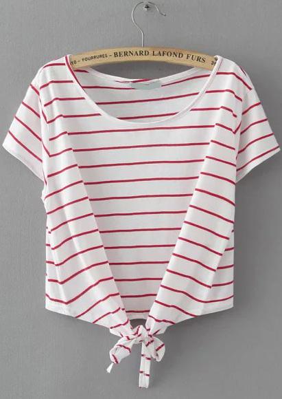 Romwe Striped Knotted Wine Red T-shirt