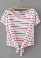 Romwe Striped Knotted Wine Red T-shirt