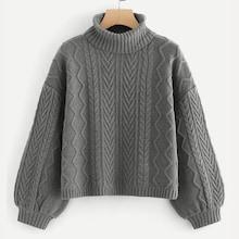 Romwe Plus Lantern Sleeve Mixed Knit Jumper