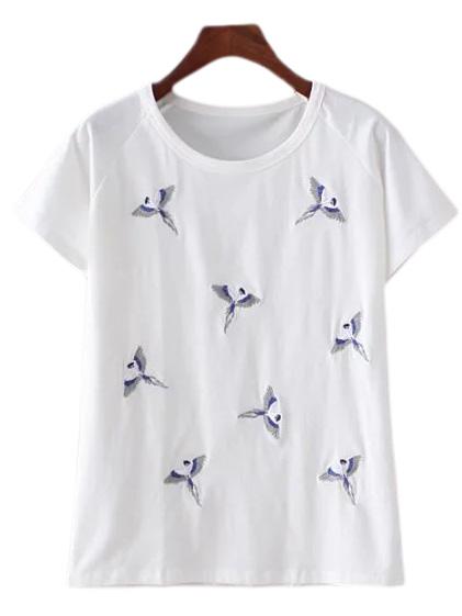 Romwe Beige Bird Embroidery Casual T-shirt