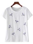 Romwe Beige Bird Embroidery Casual T-shirt