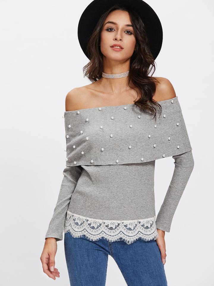 Romwe Lace Trim Pearl Beading Foldover Bardot Tee