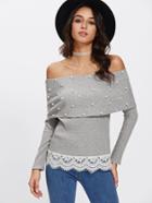 Romwe Lace Trim Pearl Beading Foldover Bardot Tee