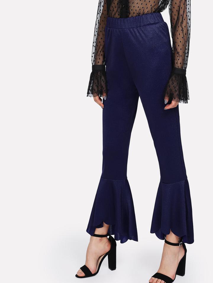 Romwe Elastic Waist Scallop Ruffle Hem Pants
