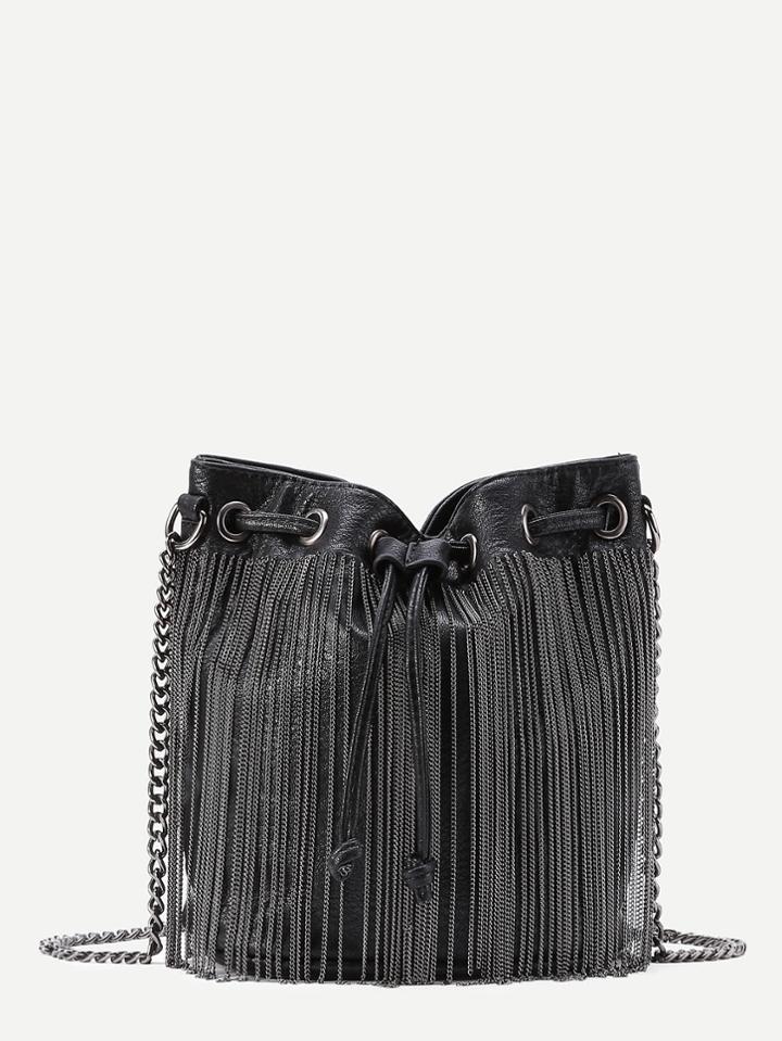 Romwe Chain Fringe Design Drawstring Pu Bucket Bag